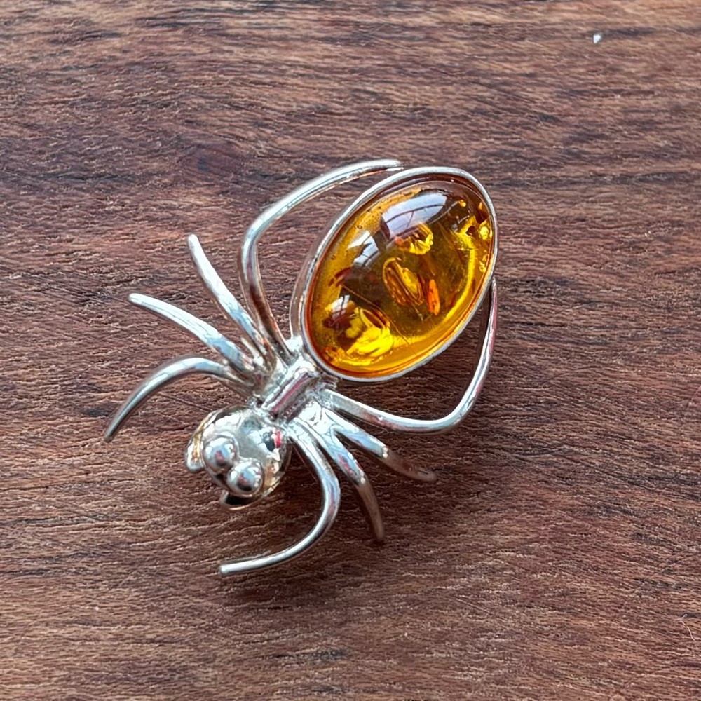 Sterling Silver Amber Spider Brooch